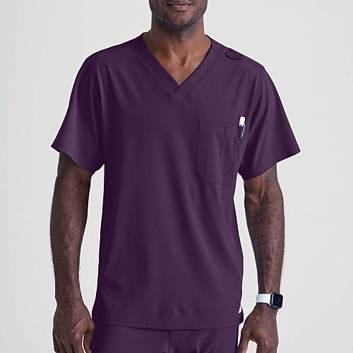 Skechers Sk0112 Structure 1-Pocket Mens V Neck Short Sleeve Tag Free Stretch Fabric Moisture Wicking Scrub Top, X-large, Purple