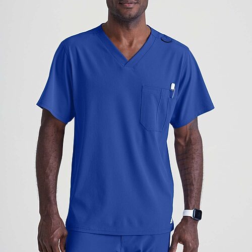 Skechers Sk0112 Structure 1-Pocket Mens V Neck Short Sleeve Tag Free Stretch Fabric Moisture Wicking Scrub Top, X-large, Blue