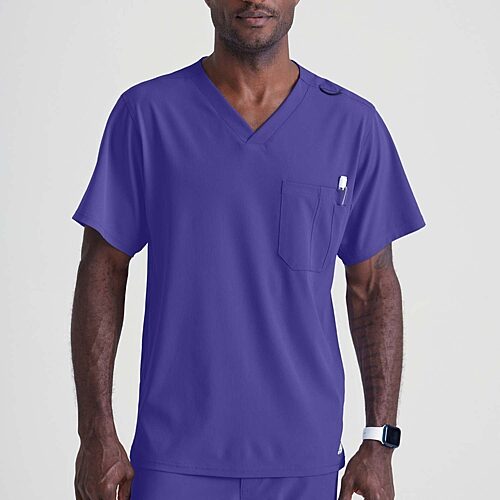 Skechers Sk0112 Structure 1-Pocket Mens V Neck Short Sleeve Tag Free Stretch Fabric Moisture Wicking Scrub Top, Medium, Purple
