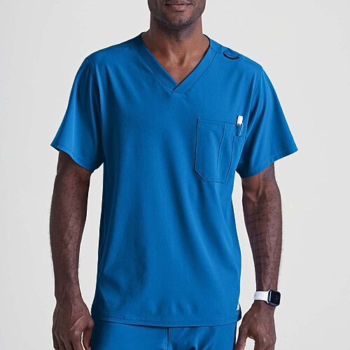 Skechers Sk0112 Structure 1-Pocket Mens V Neck Short Sleeve Tag Free Stretch Fabric Moisture Wicking Scrub Top, X-large, Blue