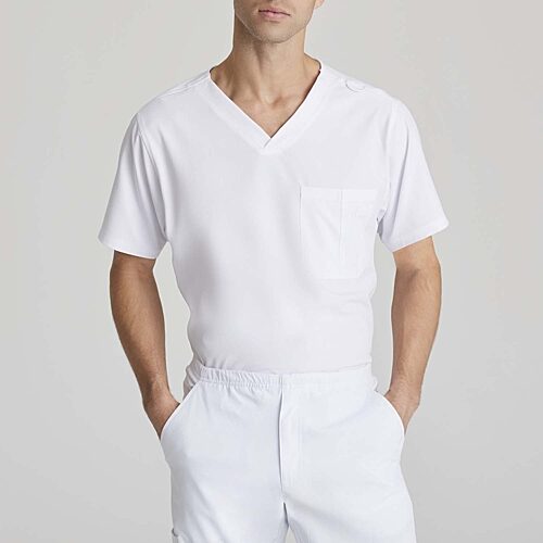 Skechers Sk0112 Structure 1-Pocket Mens Big V Neck Short Sleeve Tag Free Stretch Fabric Moisture Wicking Scrub Top, 5x-large, White