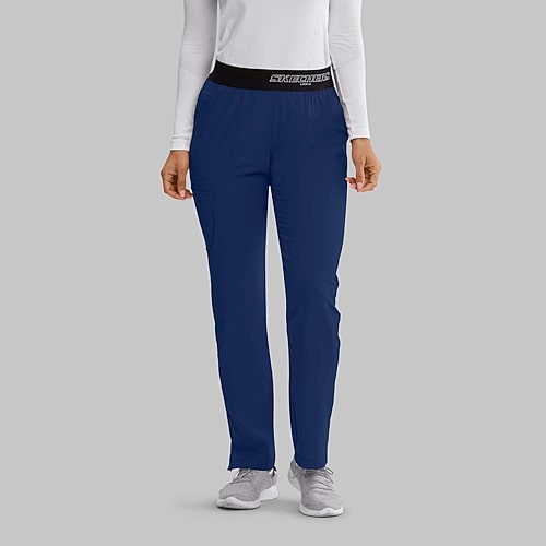 Skechers Sk202 Breeze 3-Pocket Mid-Rise Straight Leg Womens Petite Tag Free Stretch Fabric Moisture Wicking Scrub Pant, Petite Medium, Blue
