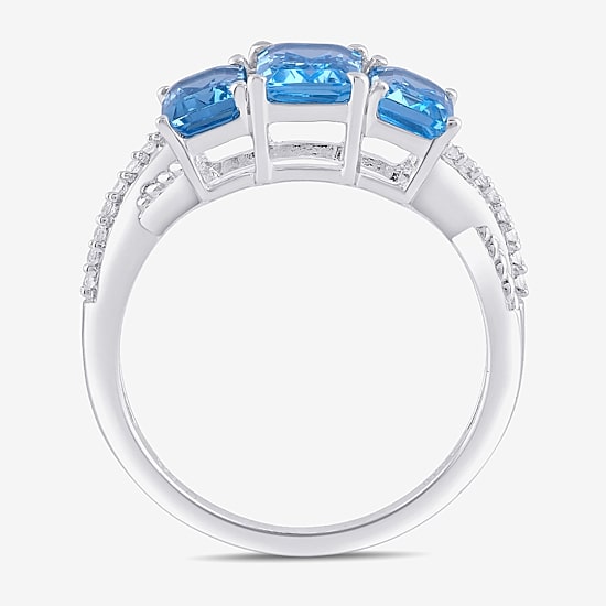 Womens Genuine Blue Topaz Sterling Silver 3-Stone Crossover Cocktail Ring
