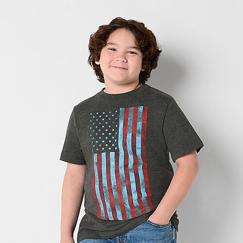 Thereabouts Little & Big Kid Boys Crew Neck Short Sleeve Flag Regular Fit Graphic T-Shirt, X-large (18-20), Gray