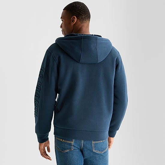 U.S. Polo Assn. Wordmark Sherpa Mens Long Sleeve Embroidered Fleece Zipper Hoodie