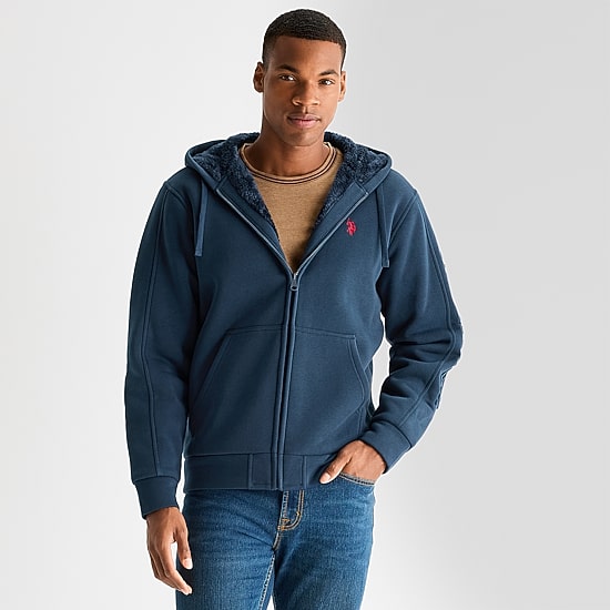 U.S. Polo Assn. Wordmark Sherpa Mens Long Sleeve Embroidered Fleece Zipper Hoodie