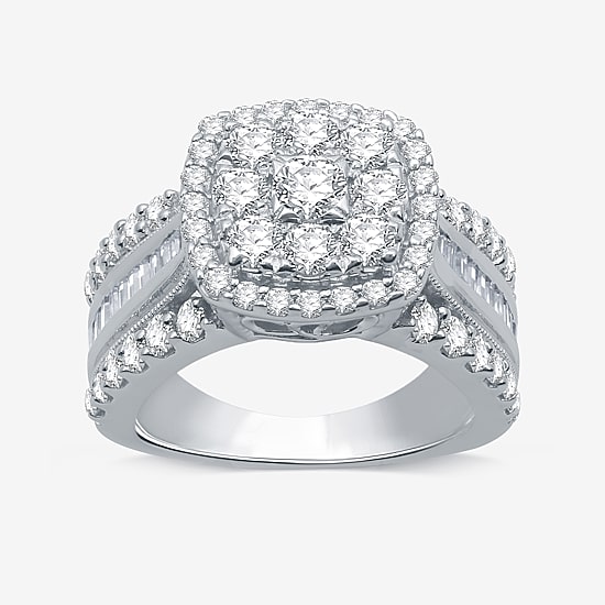 Womens 2 CT. T.W. Natural White Diamond 10K Gold Cushion Side Stone Halo Engagement Ring
