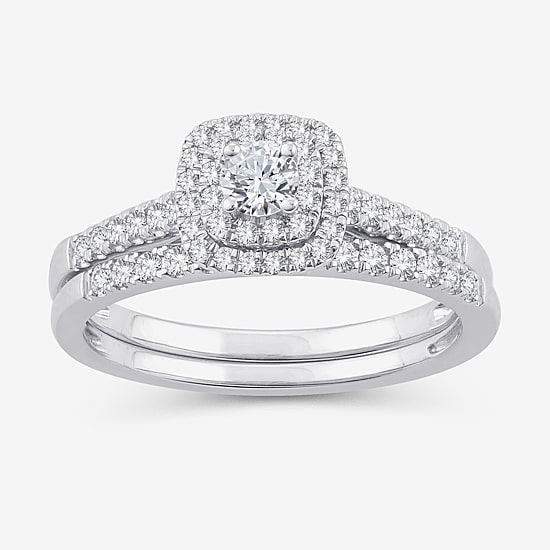 1/2 CT.T.W. Natural Diamond Halo Bridal Set 10K or 14K White Gold