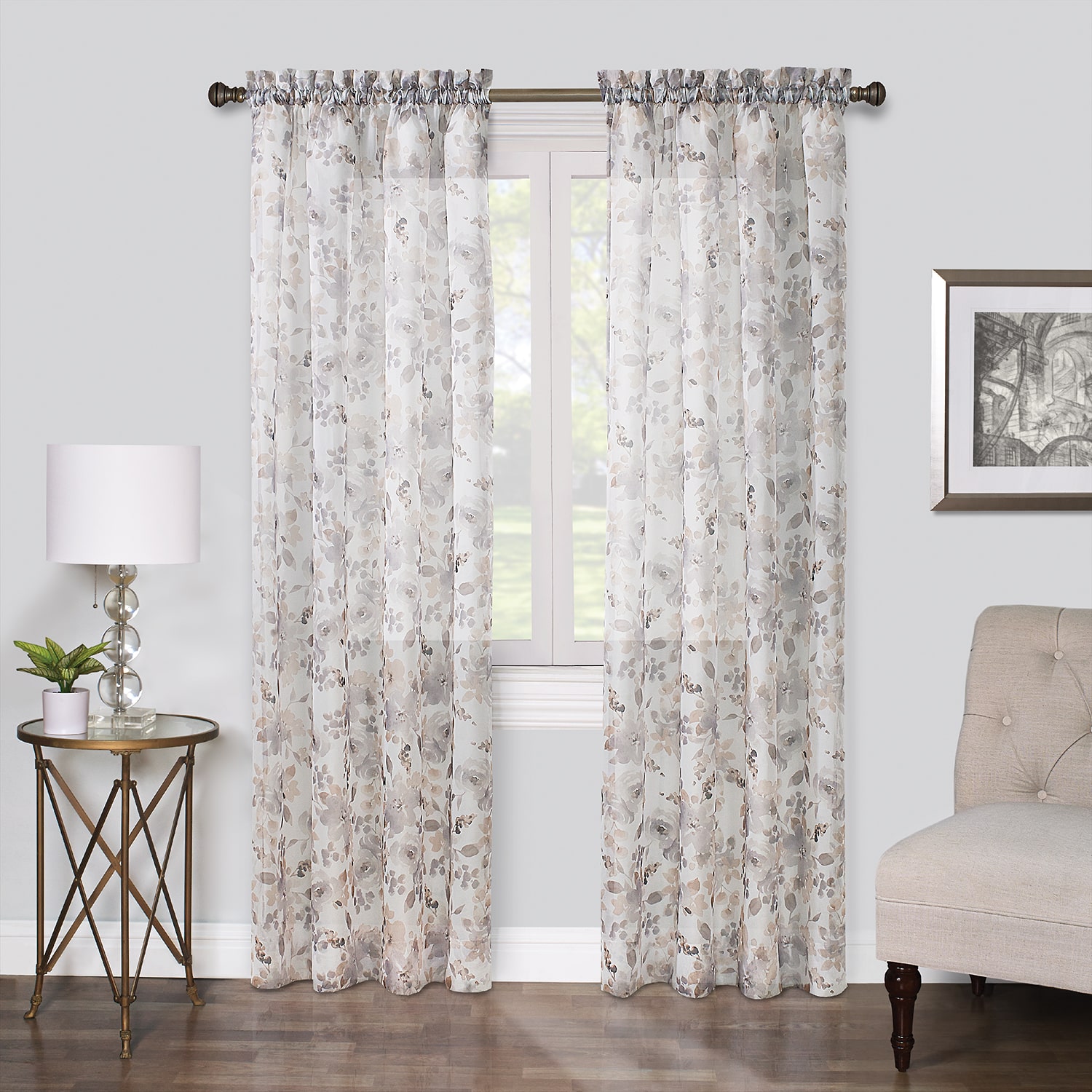 Regal Home Floral Printed Voile Rod Pocket Sheer Single Curtain Panel
