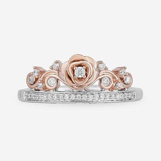 Enchanted Disney Fine Jewelry Womens 1/6 CT. T.W. Natural White Diamond Sterling Silver Flower Beauty and the Beast Belle Princess Cocktail Ring