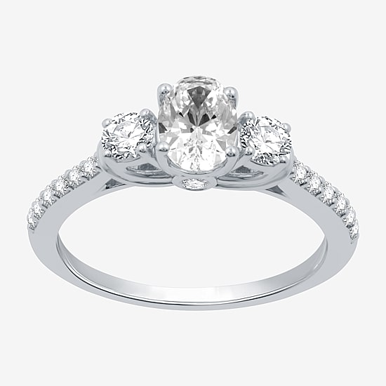 Signature By Modern Bride (H-I / I1) Womens 1 1/4 CT. T.W. Lab Grown White Diamond 10K Gold Oval Side Stone 3-Stone Engagement Ring