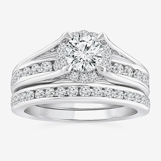 (F / VS2) Womens 1 1/2 CT. T.W. Lab Grown White Diamond 10K or 14K Gold Round Side Stone Bridal Set