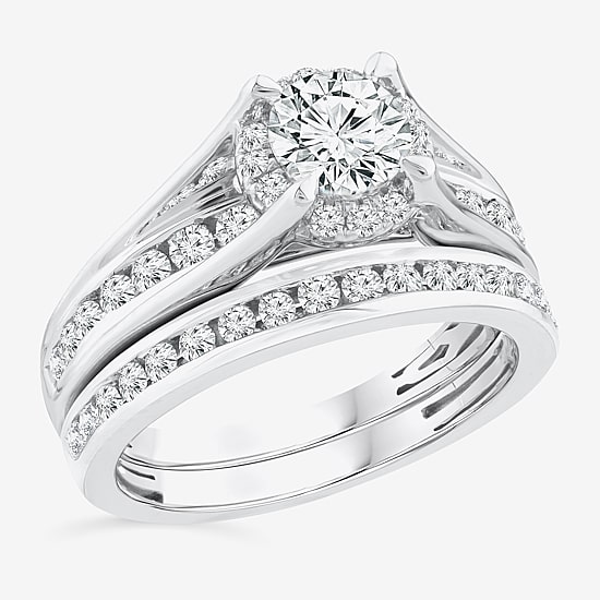 (F / VS2) Womens 1 1/2 CT. T.W. Lab Grown White Diamond 10K or 14K Gold Round Side Stone Bridal Set