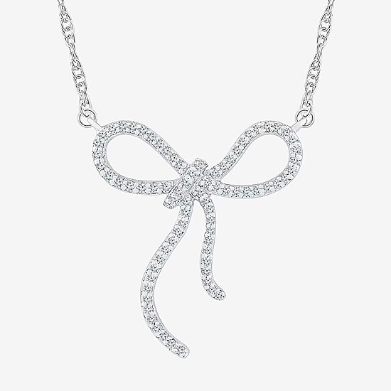 Womens 1/8 CT. T.W. Natural White Diamond Sterling Silver Bow 18 Inch Pendant Necklace