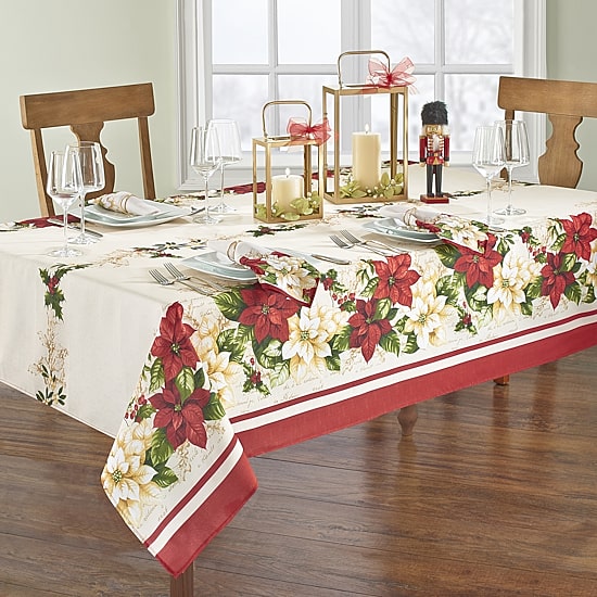 Threadmade Red White Poinsettia 60x84 Tablecloth