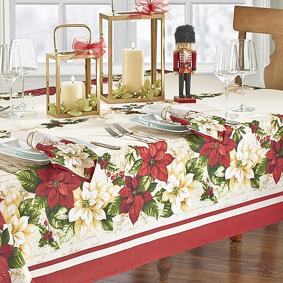 Threadmade Red White Poinsettia 60x84 Tablecloth
