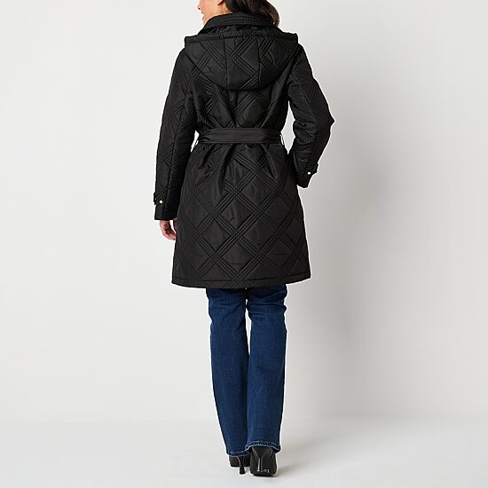Liz Claiborne Womens Belted Hooded Midweight Quilted Jacket