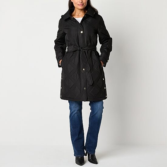 Liz Claiborne Womens Belted Hooded Midweight Quilted Jacket