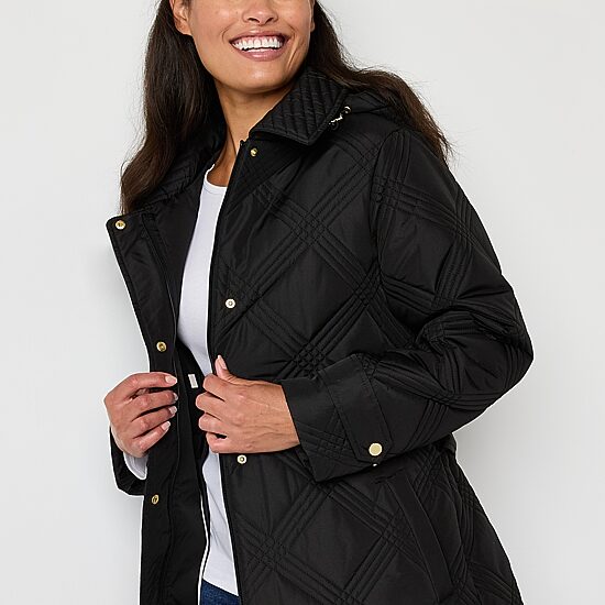 Liz Claiborne Womens Belted Hooded Midweight Quilted Jacket