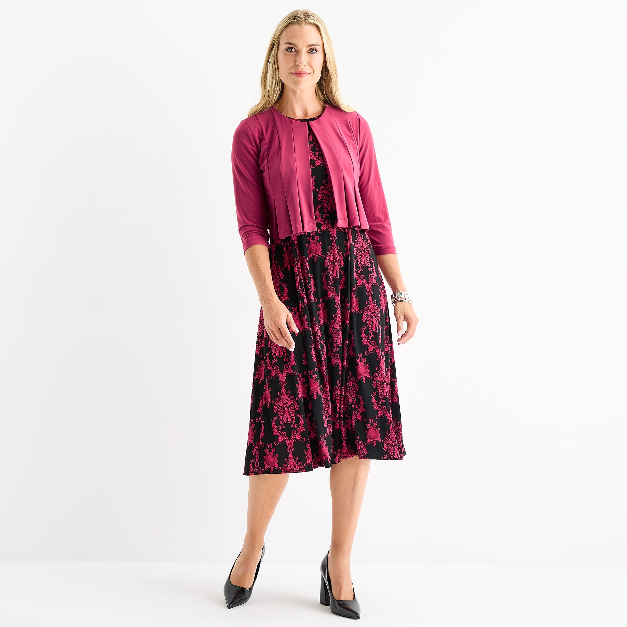 Danny & Nicole Womens Midi Damask Jacket Dress