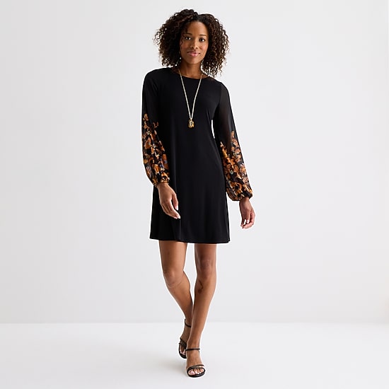 MSK Womens Crew Neck Long Sleeve Floral Shift Dress