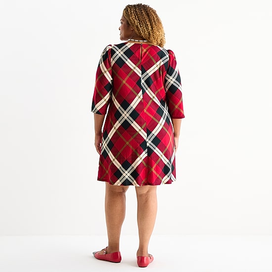Jessica Howard Womens Plus Boat Neck 3/4 Sleeve Plaid Shift Dress