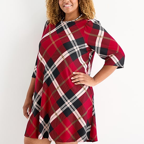 Jessica Howard Womens Plus Boat Neck 3/4 Sleeve Plaid Shift Dress
