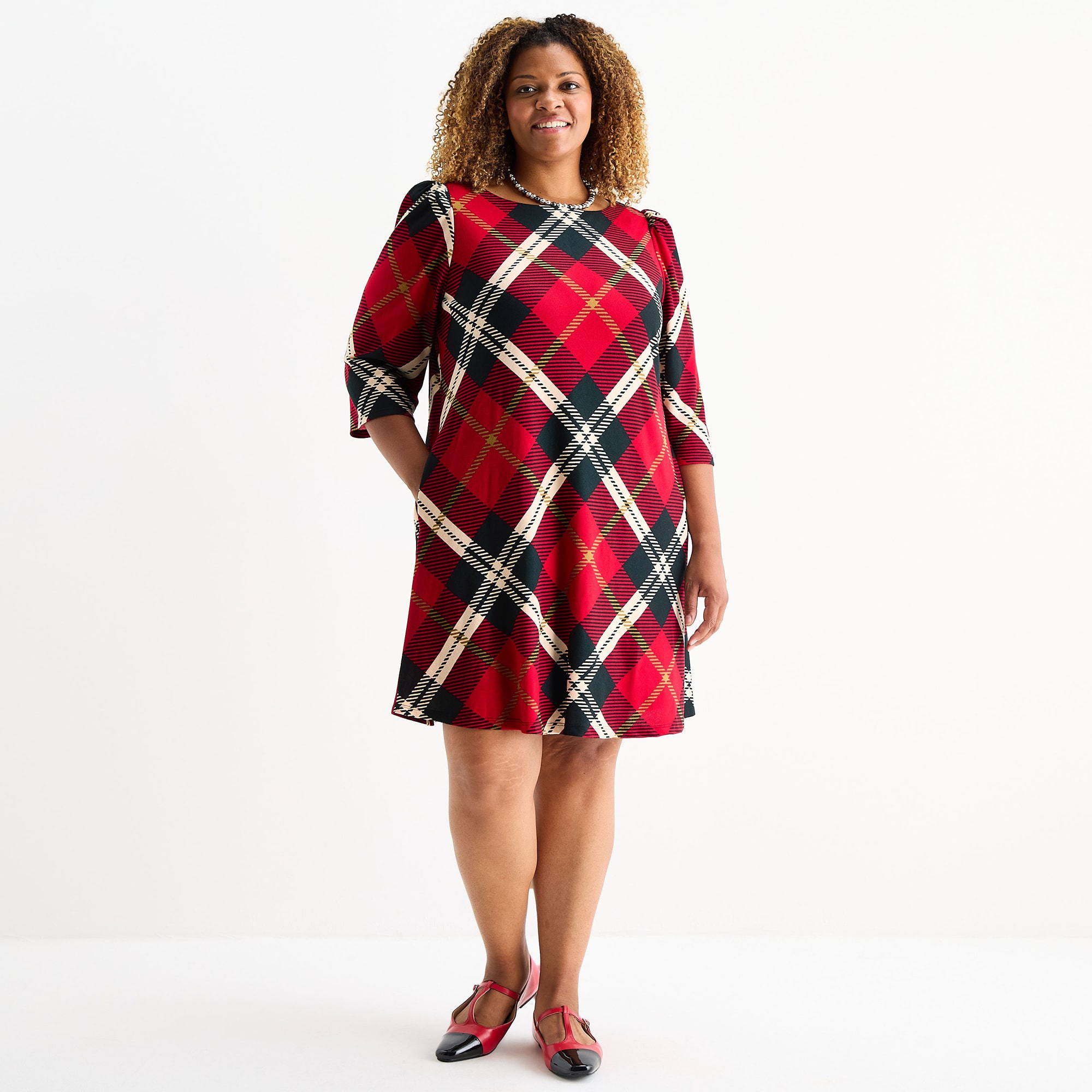 Jessica Howard Womens Plus Boat Neck 3/4 Sleeve Plaid Shift Dress