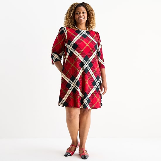 Jessica Howard Womens Plus Boat Neck 3/4 Sleeve Plaid Shift Dress