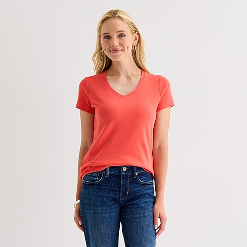 St. John's Bay Womens V Neck Short Sleeve T-Shirt, Small, Pink