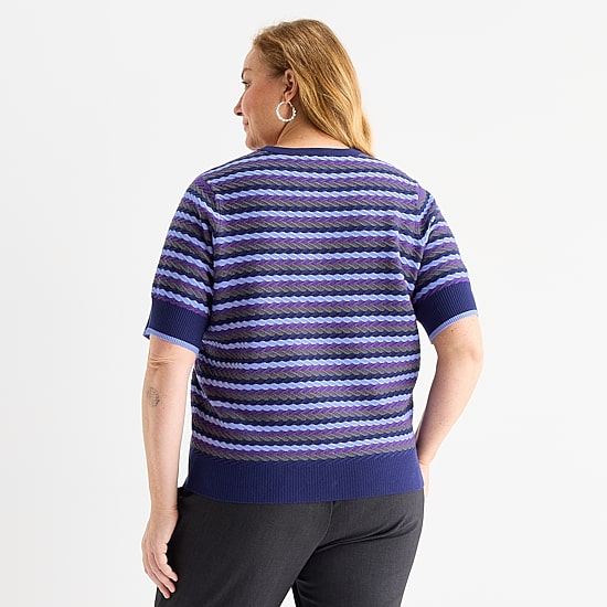 Liz Claiborne Plus Womens Crew Neck Short Sleeve Striped Pullover Sweater
