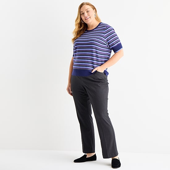 Liz Claiborne Plus Womens Crew Neck Short Sleeve Striped Pullover Sweater