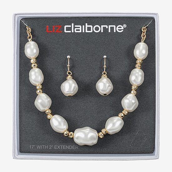 Liz Claiborne Gold Tone Frontal Necklace & Drop Earring Womens Simulated Pearl 2-pc. Jewelry Set