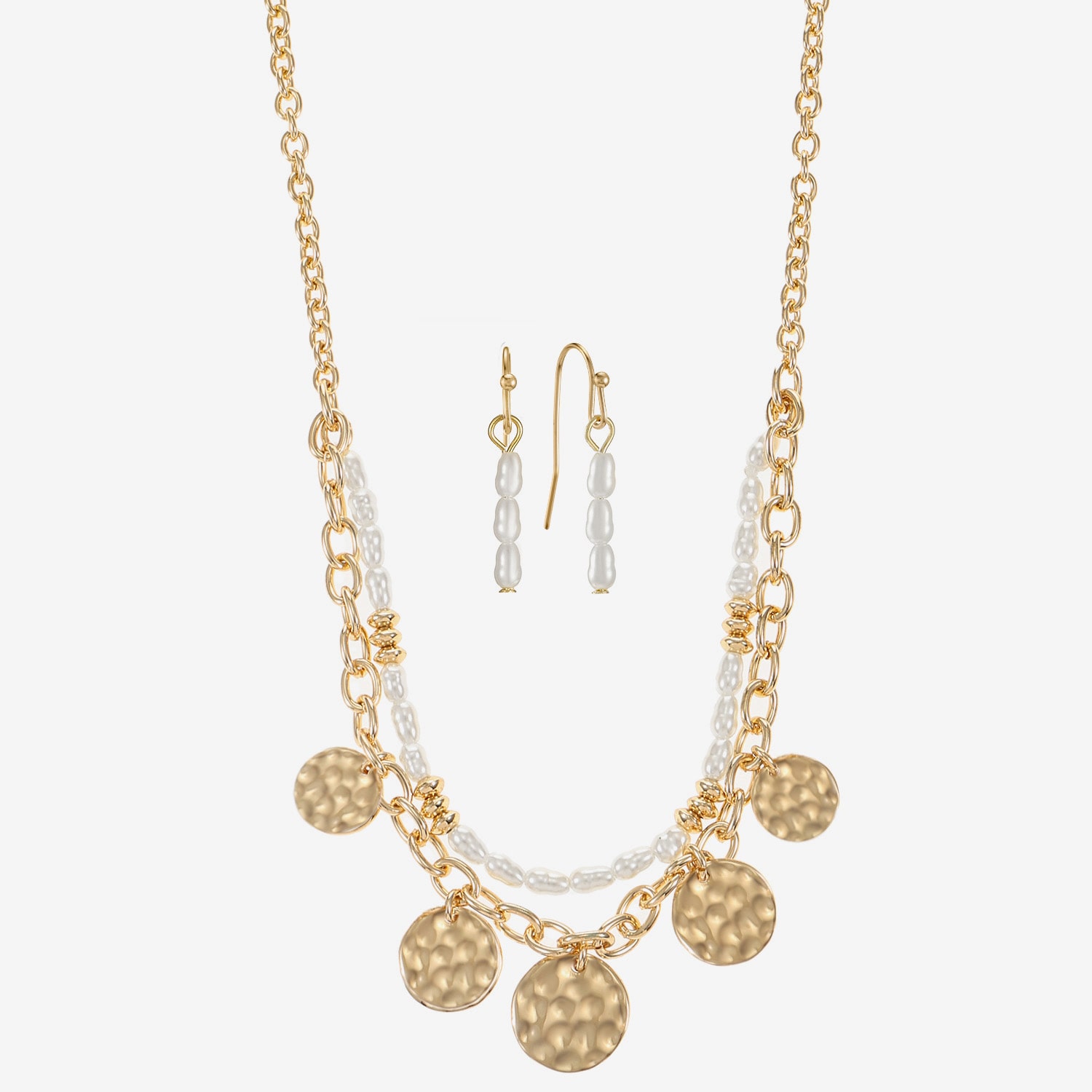Liz Claiborne Gold Tone Charm Multi Strand Necklace & Linear Earring Womens Simulated Pearl 2-pc. Jewelry Set
