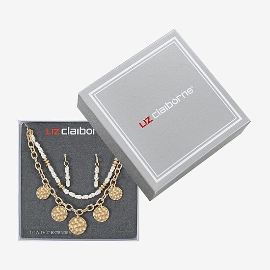 Liz Claiborne Gold Tone Charm Multi Strand Necklace & Linear Earring Womens Simulated Pearl 2-pc. Jewelry Set