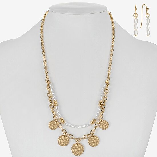 Liz Claiborne Gold Tone Charm Multi Strand Necklace & Linear Earring Womens Simulated Pearl 2-pc. Jewelry Set
