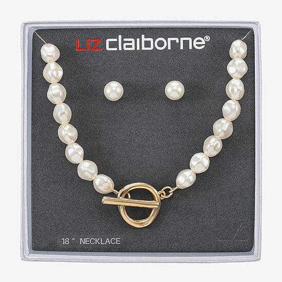 Liz Claiborne Gold Tone Toggle Collar Necklace & Stud Earring Womens Simulated Pearl 2-pc. Jewelry Set