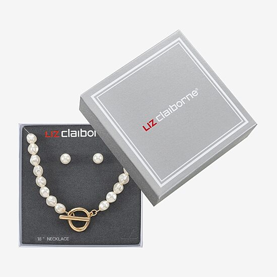 Liz Claiborne Gold Tone Toggle Collar Necklace & Stud Earring Womens Simulated Pearl 2-pc. Jewelry Set