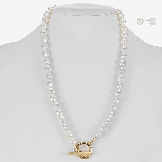 Liz Claiborne Gold Tone Toggle Collar Necklace & Stud Earring Womens Simulated Pearl 2-pc. Jewelry Set