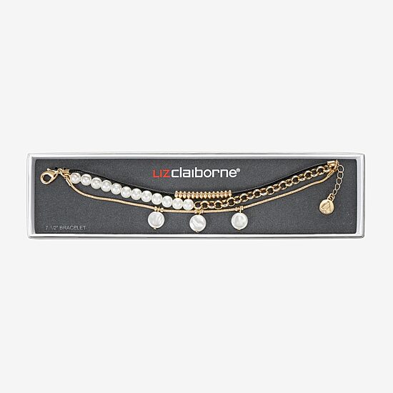 Liz Claiborne Gold Tone Charm Chain Womens Simulated Pearl Strand Bracelet
