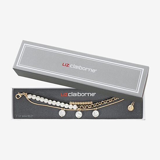Liz Claiborne Gold Tone Charm Chain Womens Simulated Pearl Strand Bracelet