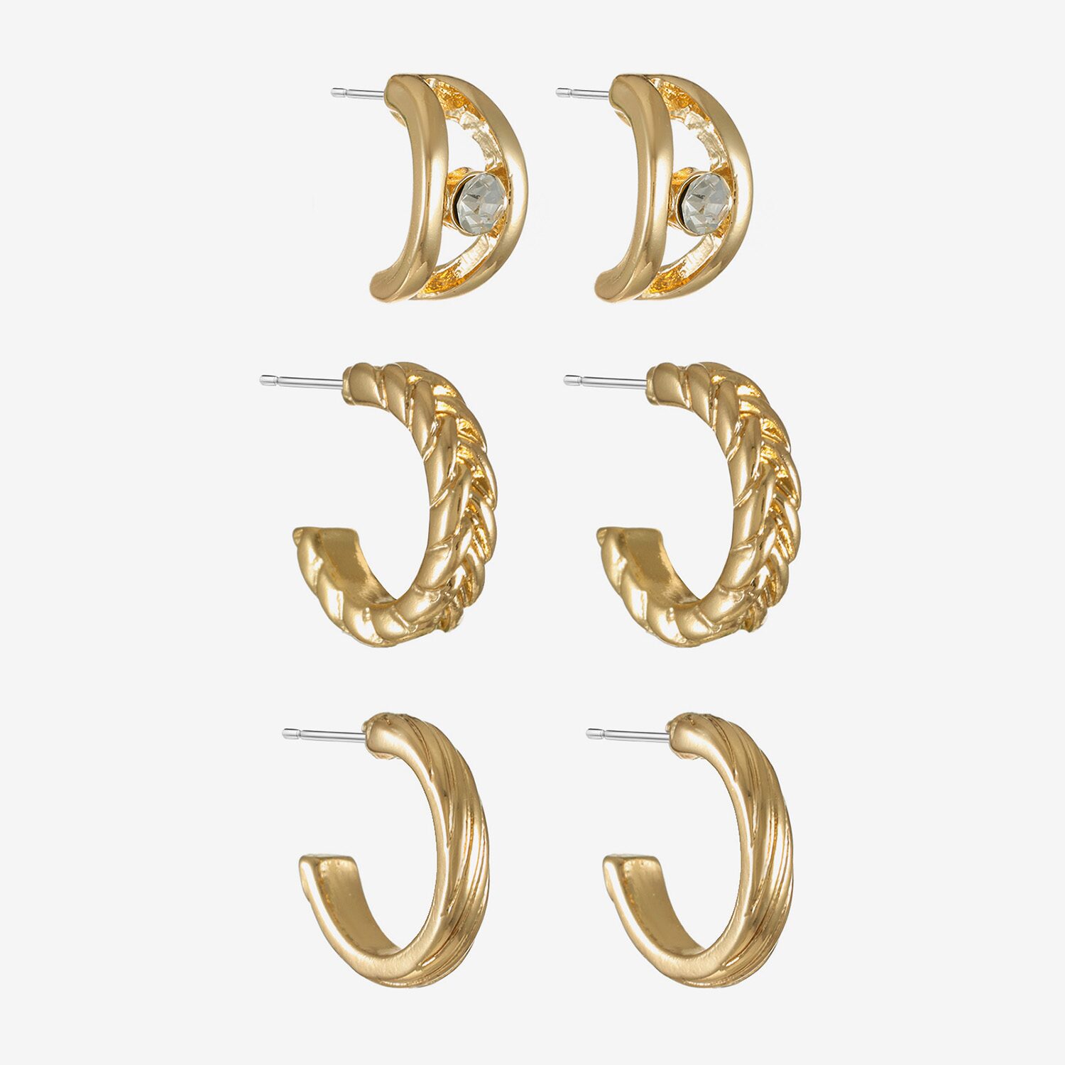 Liz Claiborne Braided & Textured Huggie Hoop Womens Glass Hypoallergenic 3 Pair Earring Set