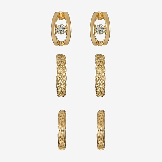 Liz Claiborne Braided & Textured Huggie Hoop Womens Glass Hypoallergenic 3 Pair Earring Set