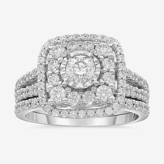 2 CT.T.W. Natural Diamond Cushion Shape Side Stone Halo Bridal Set in 10K or 14K White Gold