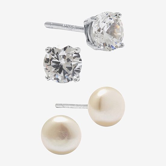 Silver Treasures Womens Cubic Zirconia Cultured Freshwater Pearl Sterling Silver 2 Pair Earring Set