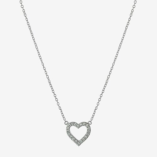 Silver Treasures Womens Cubic Zirconia Sterling Silver Heart 16 Inch Pendant Necklace, One Size