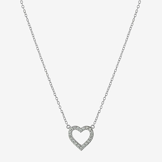 Silver Treasures Womens Cubic Zirconia Sterling Silver Heart 16 Inch Pendant Necklace