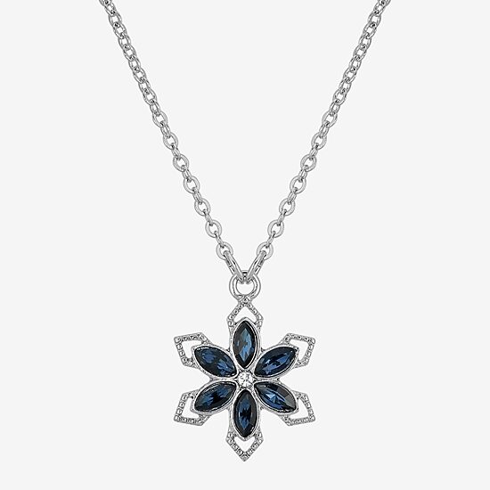 1928 Silver Tone Womens Blue Crystal Alloy Flower 16 Inch Pendant Necklace