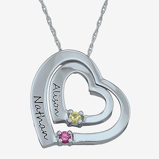 Personalized Simulated Birthstone Engraved Double Heart Pendant Necklace