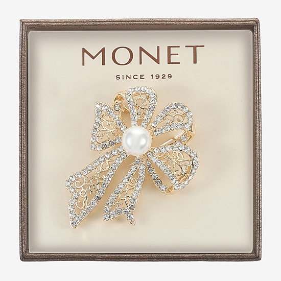 Monet Jewelry Gold Tone White Glass Pin